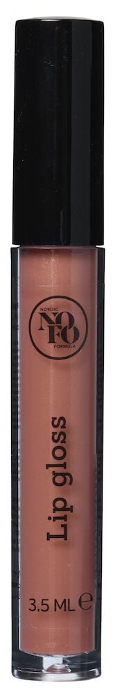 Ljusbrun läppglans i genomskinlig tub med svart lock.