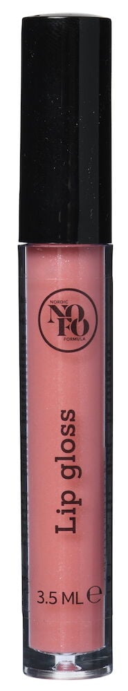 Rosa läppglans i genomskinlig tub med svart lock.