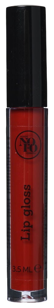 Rött läppglans i genomskinlig tub med svart lock.