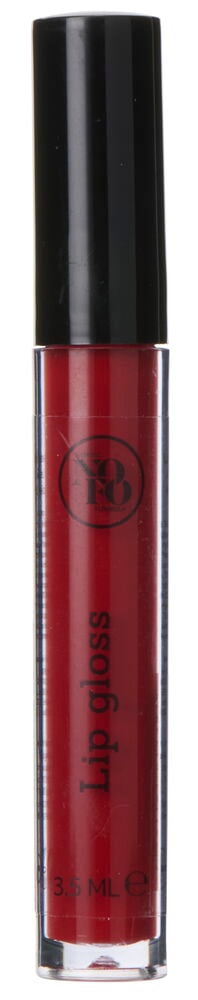 Rött läppglans i genomskinlig tub med svart lock.