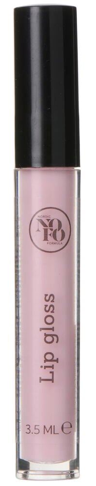 Ljust rosa läppglans i genomskinlig tub med svart lock.