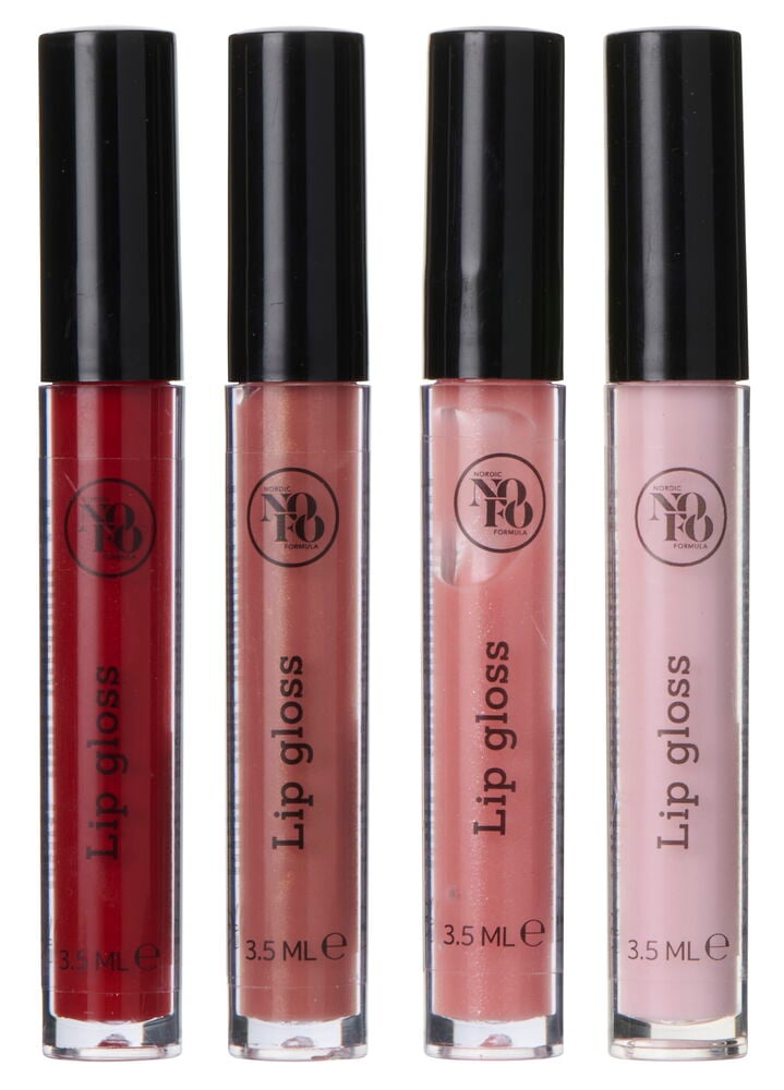 Fyra läppglans i olika färger med svarta lock.