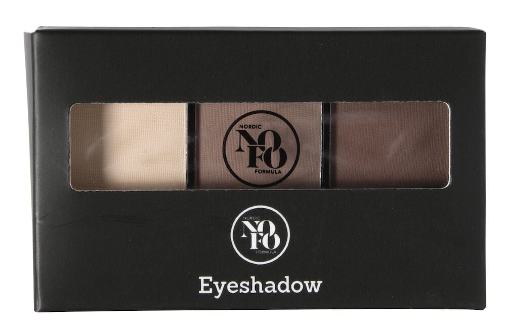 Svart förpackning med tre ögonskuggor i fönster.