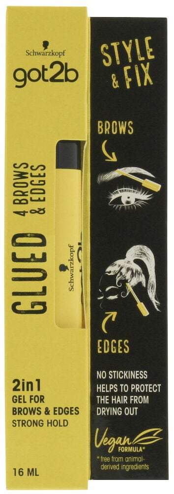 Gul förpackning med ögonbrynsgel och applicatorborste.