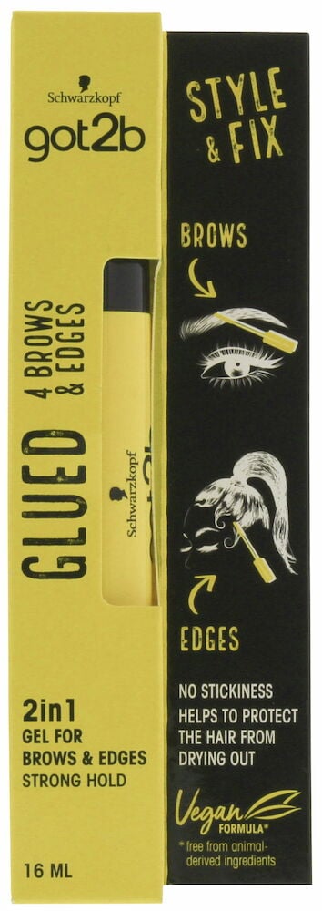 Gelbe Verpackung mit transparentem Augenbrauengel und Bürste.