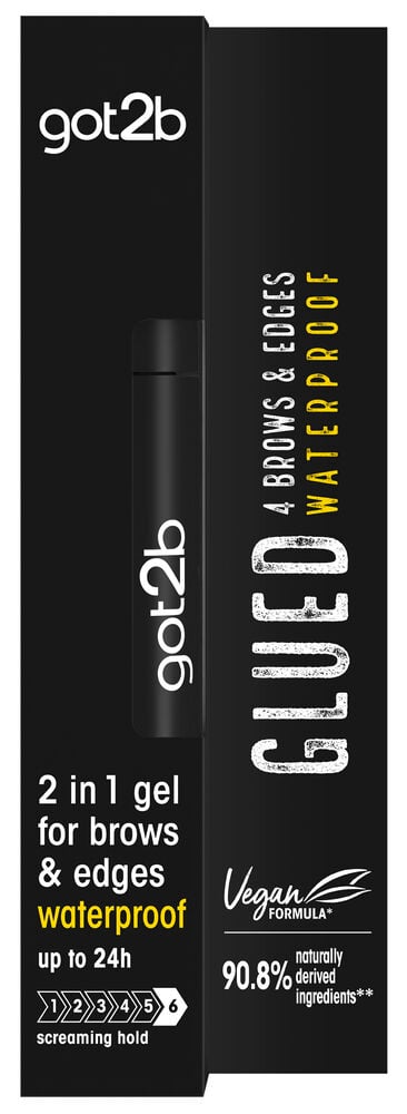 Svart förpackning med ögonbrynsgel och vit text.