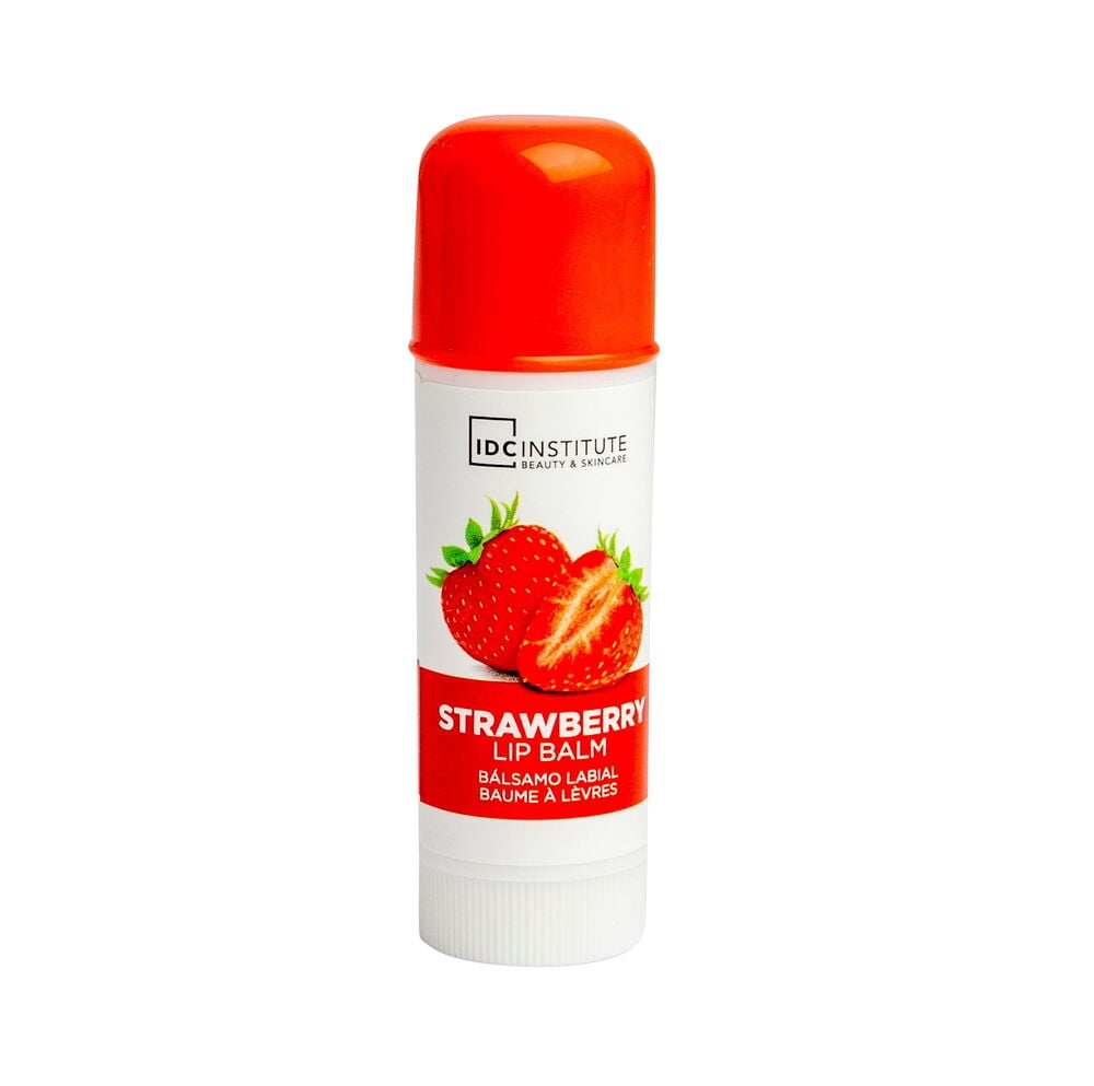 Leppebalsam IDC Institute 4,5 g Strawberry, hvit tube med rød kork og etikett som viser jordbær.