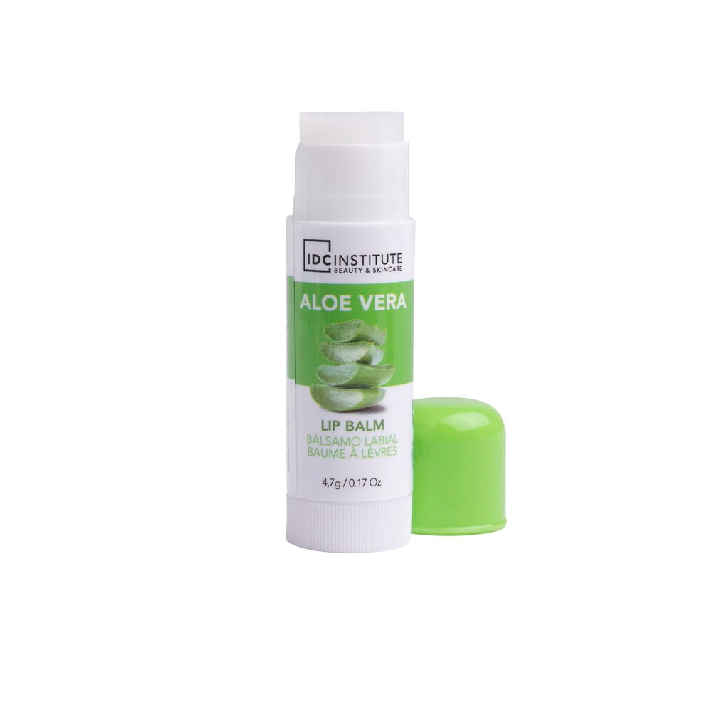 Hvit IDC Institute Aloe Vera leppebalsam, 4,7g, med avtatt lys grønn kork ved siden av.