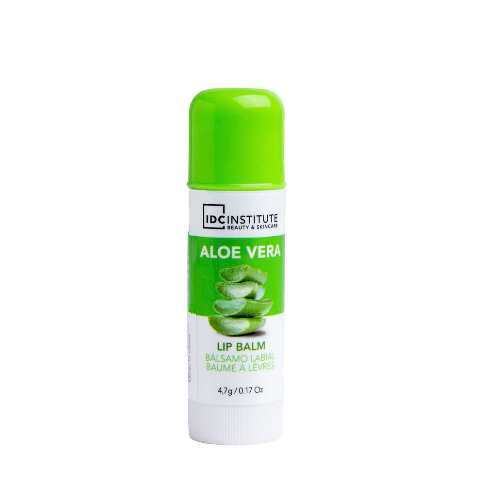 En hvit og grønn Leppebalsam IDC Institute Aloe Vera stift med grønn kork.