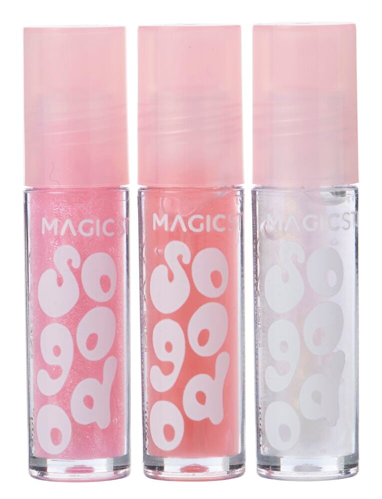 Lipgloss Magic Studio 3-pk, klare tuber med rosa korker, i rosa, fersken og hvit farge.
