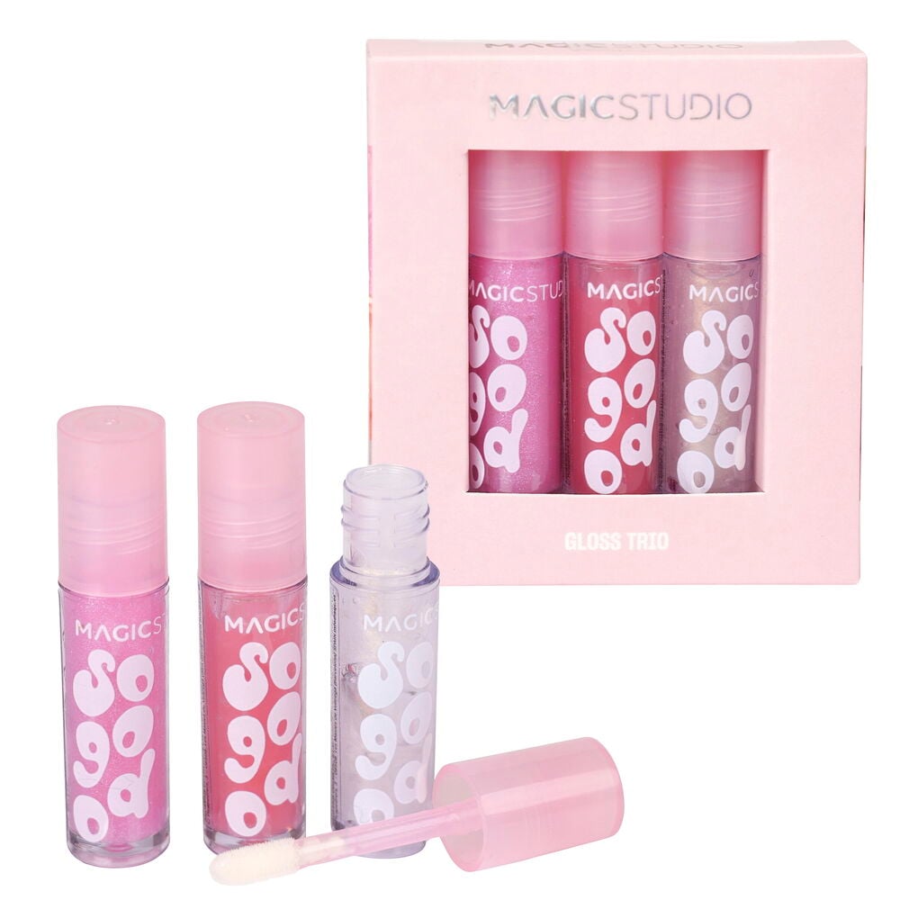 Lipgloss Magic Studio 3-pk: rosa eske viser tre lipgloss; tre løse tuber vises, en åpen.