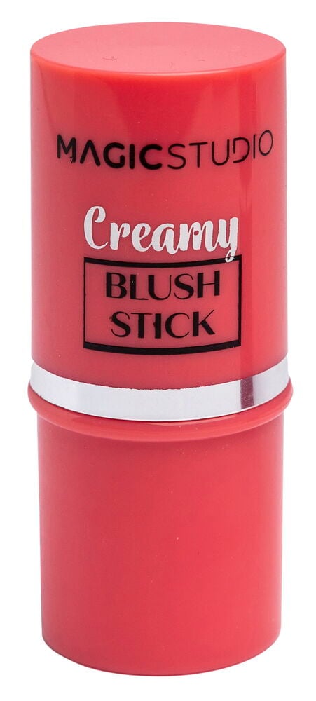 Ein roter cremiger Rouge-Stick mit einem Silberband und schwarzem Text.