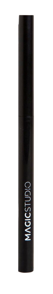 Ein langer, schlanker schwarzer Eyeliner Magic Studio Black Stift mit "MAGICSTUDIO" vertikal in Weiß bedruckt.