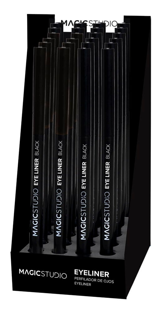 Ein schwarzer Präsentationsständer mit vielen Eyeliner Magic Studio Black Stiften, in Reihen angeordnet.