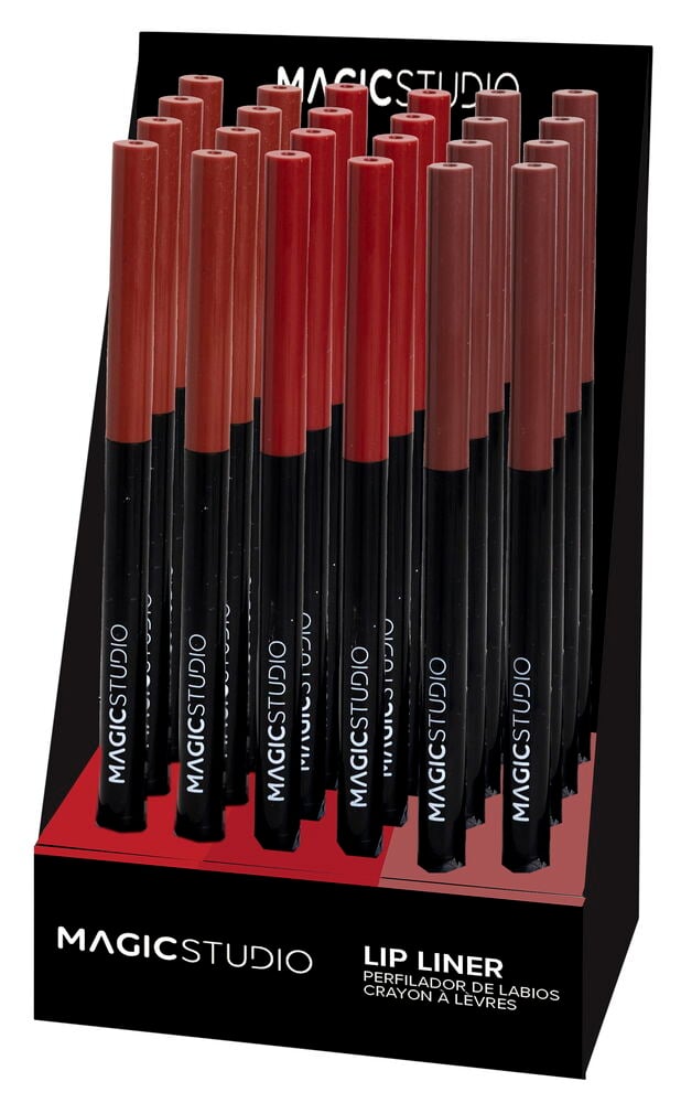 Eine schwarze Displaybox enthält mehrere Lipliner Magic Studio Verschiedene Sorten in rotbraunen und roten Tönen.