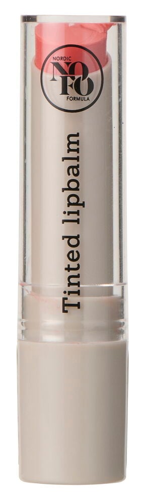 Leppebalsam NoFo Apricot i en lys beige tube med synlig korallfarget balm.
