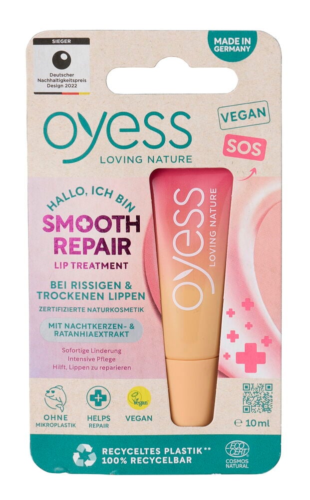 Lippenbalsam Oyess 4,8 g Natural, eine pfirsich- und rosa Tube in einer beigen Kartonverpackung zur Reparatur, vegan.