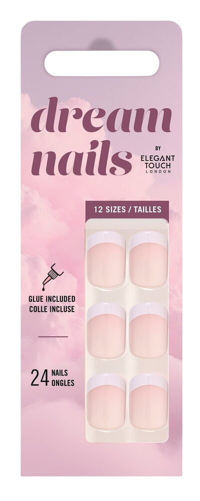 En pakke med 24 French Pink løsnegler fra Elegant Touch Dream Nails, inkludert lim.