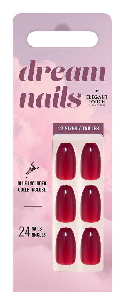 Løsnegler Elegant Touch Dream Nails 24 stk Wine, dyp rød, glansfulle, vist i gjennomsiktig pakke.