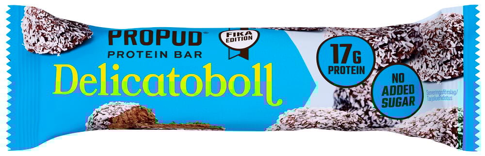 Proteinbar med blått omslag och text Delicatoboll.