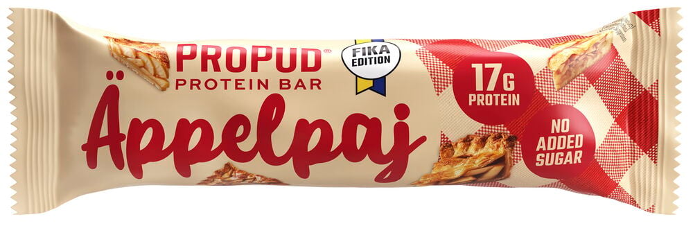 Proteinbar ProPud 55 g Äppelpaj, beige förpackning med röd text, äppelpajbilder och rutigt mönster.