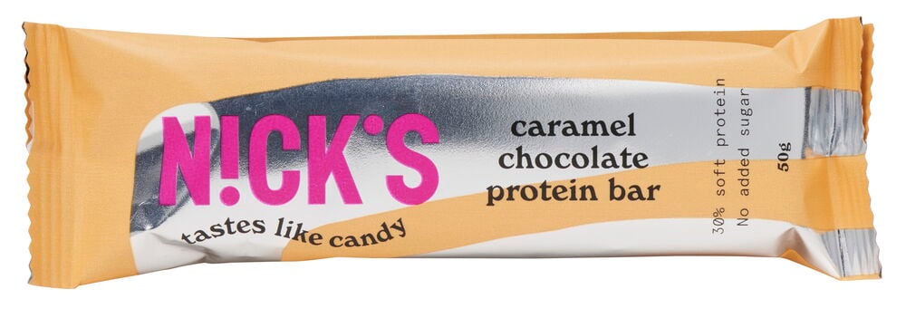 Förpackad Nick's proteinbar caramel chocolate 50 gram.