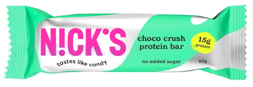 Proteinriegel Choco Crush 50g in einer türkis-weißen Verpackung mit pinken und gelben Details.