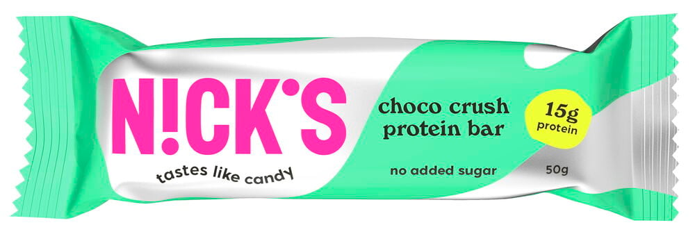 Proteinriegel Choco Crush 50g in einer türkis-weißen Verpackung mit pinken und gelben Details.