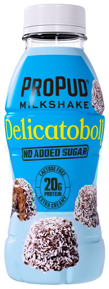 Blå proteinshakeflaska med Delicatobollsmak och kokostema.