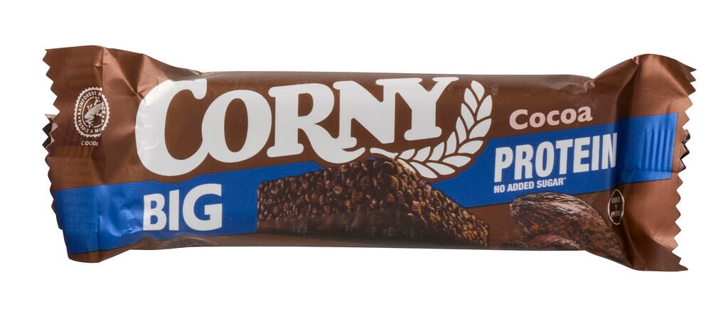 Proteinbar Corny 50 g Cocoa, en brun förpackning med blå text och chokladbitar synliga.