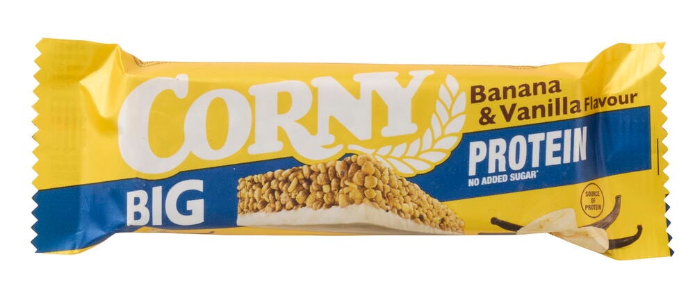 Proteinbar Corny 50 g Banana & Vanilla i gul och blå förpackning med banan- och vaniljillustration.