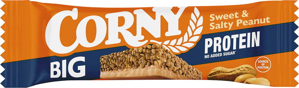 Orange och blå Proteinbar Corny 50 g Sweet & Salty Peanut med synlig barkonsistens och jordnötter.
