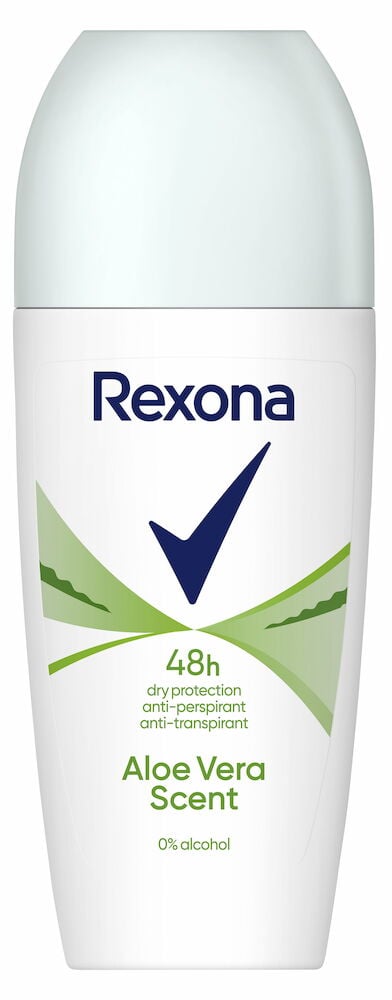 Vit roll-on deodorantflaska med grön och blå text.