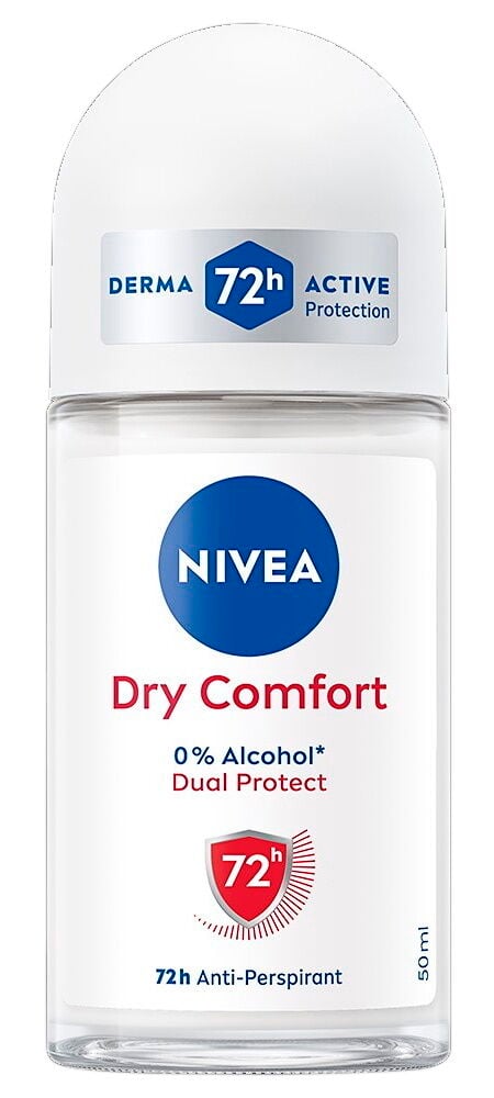 Nivea roll-on deodoranttipullo, jossa valkoinen muovikorkki.