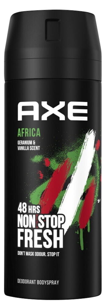 Svart sprayburk Axe Africa med färgglad design.