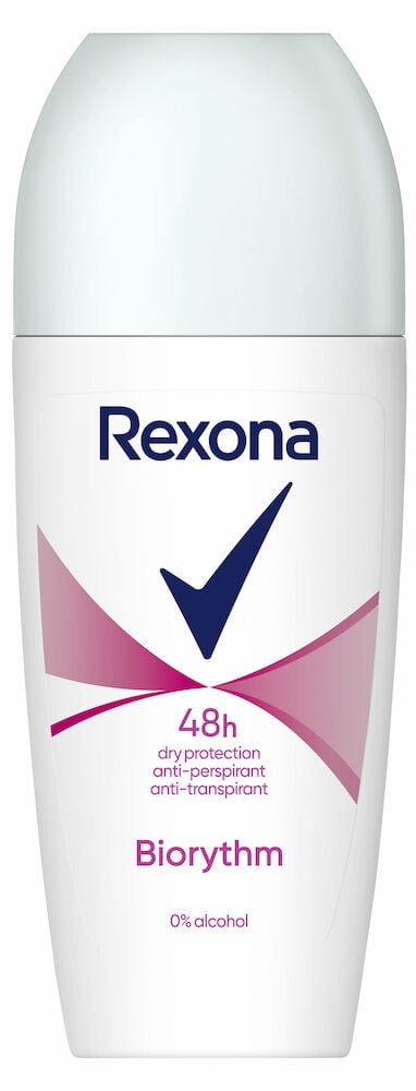 Vit Rexona deo roll-on Biorythm med blå och rosa tryck.