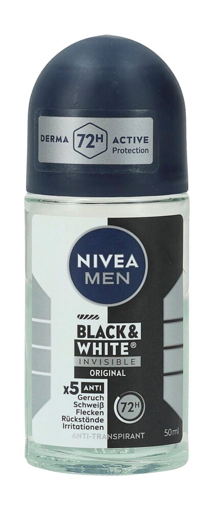 En Nivea Men Invisible Black & White 50ml roll-on deodorantflaske med mørkeblå kork.