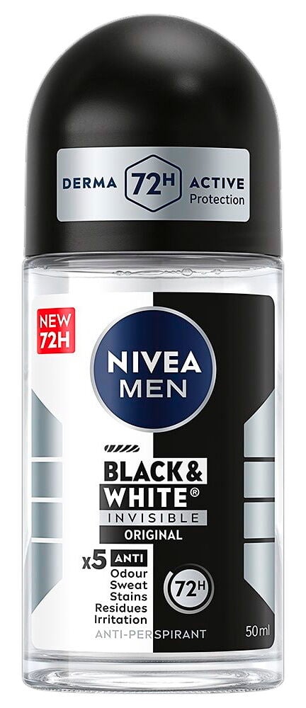 Gjennomsiktig deo roll-on flaske med svart lokk.