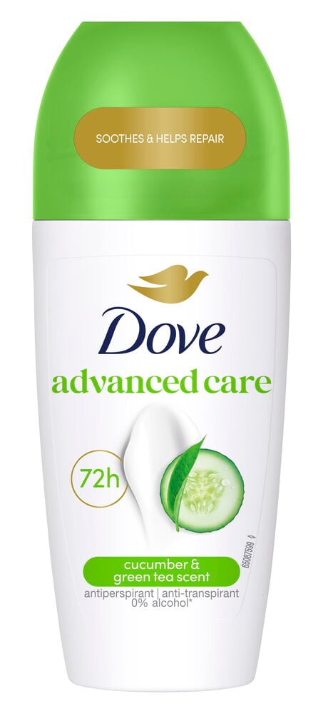 Valkoinen Dove Advanced Care Cucumber roll-on deodorantti vihreällä korkilla, edestä.