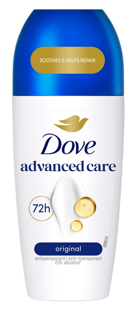 Deodorantti roll-on Dove 50 ml Advanced Care Original, valkoinen pullo sinisellä korkilla, teksti SOOTHES & HELPS REPAIR.