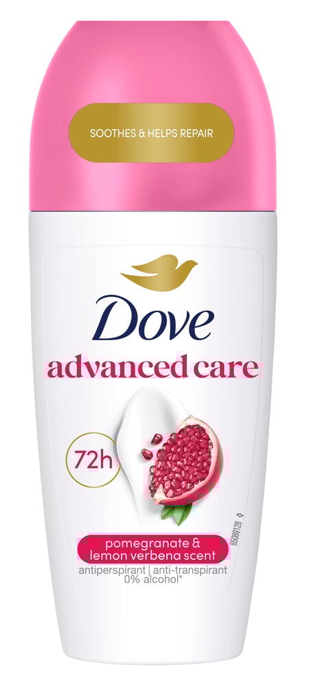 Deodorantti roll-on Dove Advanced Care Pomegranate & Lemon Verbena, valkoinen pullo, pinkki korkki, 'rauhoittaa & auttaa korjaamaan'.