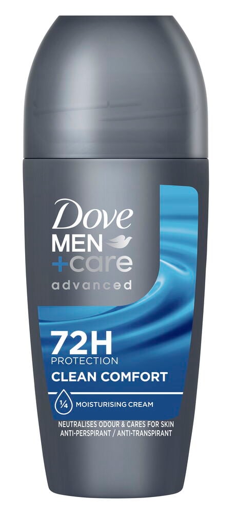 Tummanharmaa Dove Men+Care Advanced Clean Comfort 50 ml roll-on deodorantti vaaleanharmaalla korkilla, edestä kuvattuna.