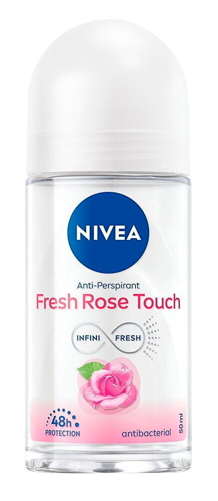 Weißes Nivea Roll-on Deo in klarer Flasche mit rosa Rosendesign und Fresh Rose Touch-Text.