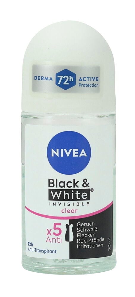 Nivea 50 ml Black&White Invisible Clear Roll-on Deo mit 72h aktivem Schutz in klarer Flasche.