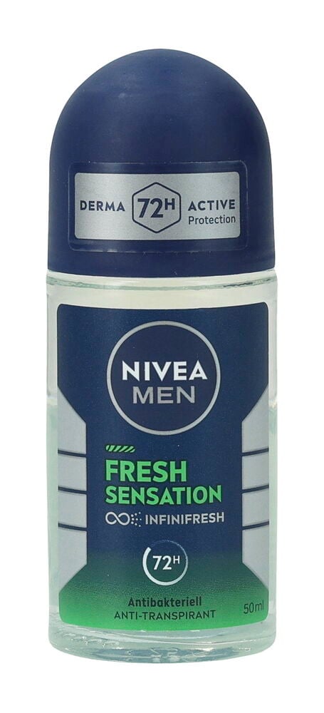Deo, Roll-on Nivea 50 ml Men Fresh Sensation, mit blauer Kappe und klarer Flasche, Vorderansicht.