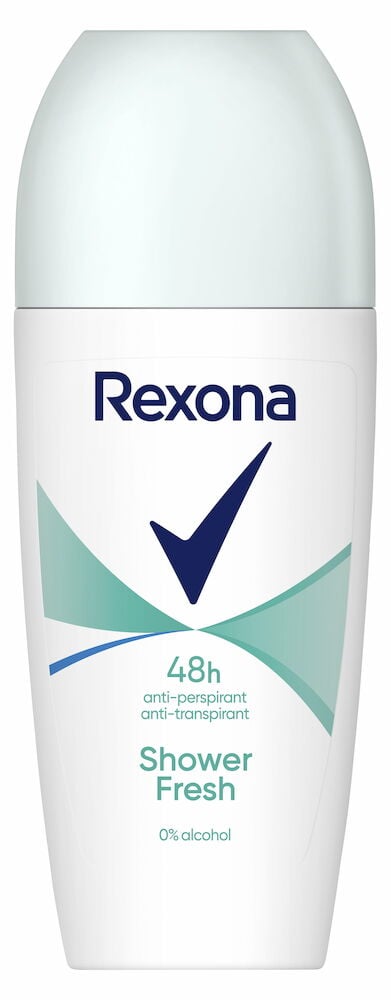 Vit deo roll-on med blå detaljer.