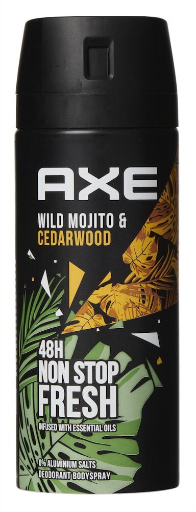 Schwarze Sprühdose mit grünem und gelbem detailliertem Etikett.