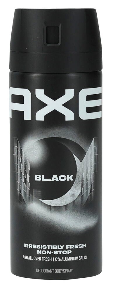 Ein schwarzes Deospray Axe 150 ml Black mit weißem Text und einer grauen abstrakten Grafik.