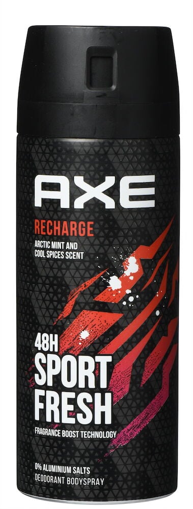 Schwarze Axe Sport Fresh Deospraydose mit roten und weißen grafischen Details.