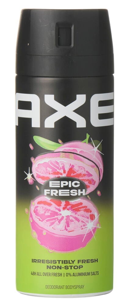 Schwarzes Axe Epic Fresh Deospray mit rosa geschnittener Fruchtgrafik auf grünem Verlaufshintergrund.